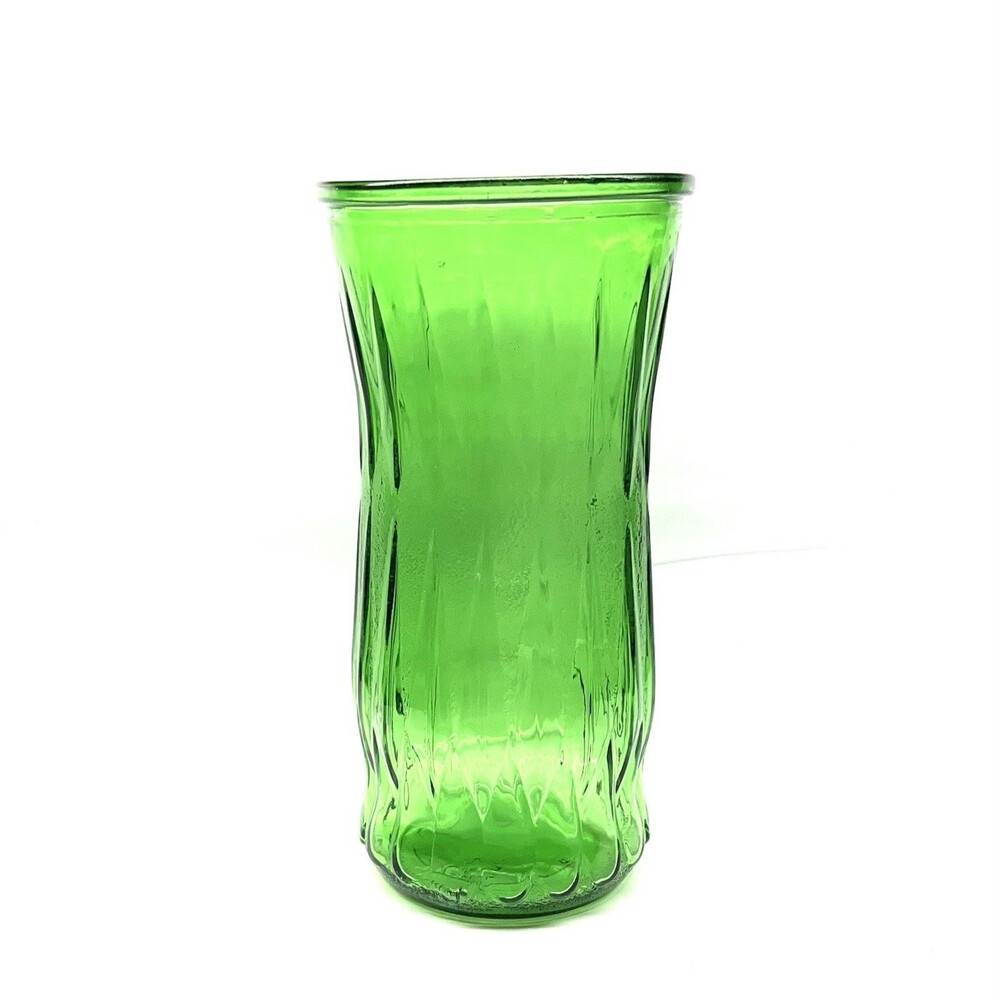 CFG Emerald Green 9.5”  Wide Mouth Diamond Leaf Pattern Vintage Vase